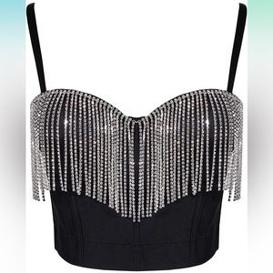 Black Rhinestone Fringe Bustier Top